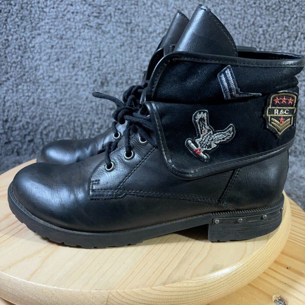 Rock & Candy Combat Boots Deane Womens Size 8 Black Military Patches Ankle Fold